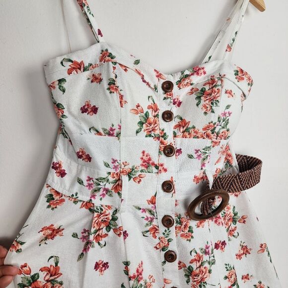 Mind Code Cotton Mini Dress Floral Cream Belted Wooden Button Size M - Picture 15 of 16